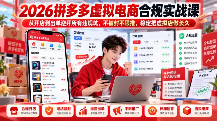 2026拼多多虚拟电商合规实战课,从开店到出单避开所有违规坑,不被封不限推,稳定把虚拟店做长久-一起筹课网