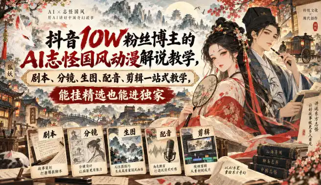 抖音10W粉丝博主满堂诡事的AI志怪国风动漫解说教学，剧本、分镜、生图、配音、剪辑一站式教学，能挂精选也能进独家-一起筹课网