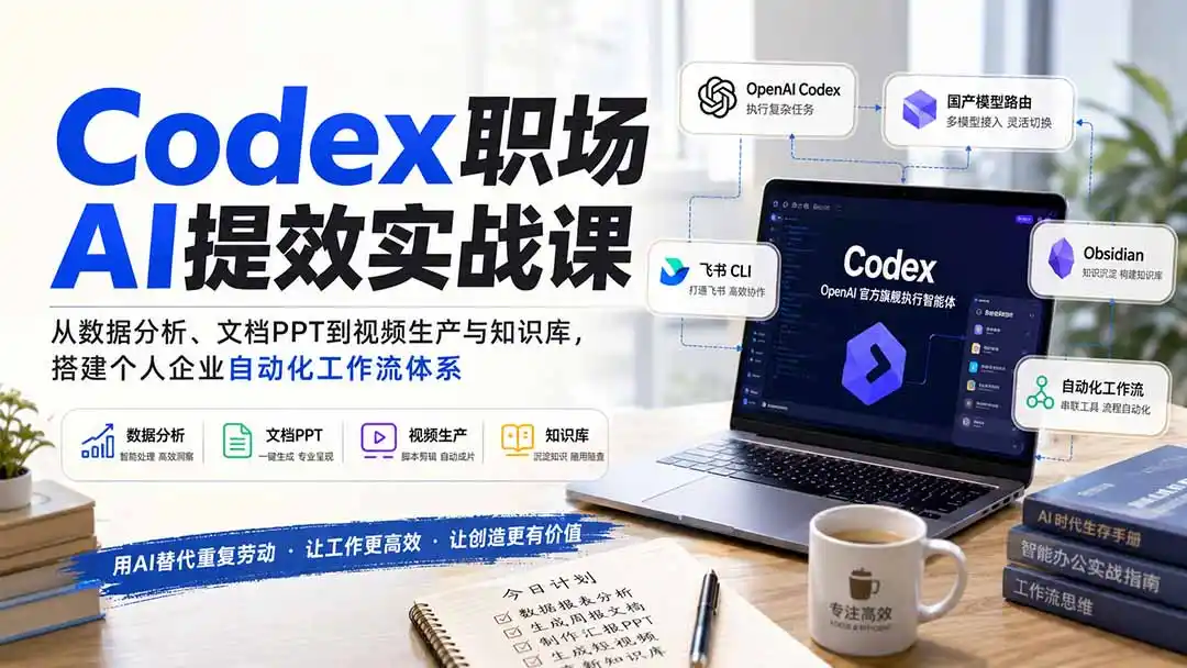 Codex职场AI提效实战课：从数据分析、文档PPT到视频生产与知识库，搭建个人企业自动化工作流体系-一起筹课网