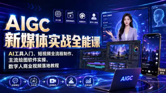 AIGC新媒体实战全能课｜AI工具入门、短视频全流程制作、主流绘图软件实操、数字人商业视频落地教程-一起筹课网