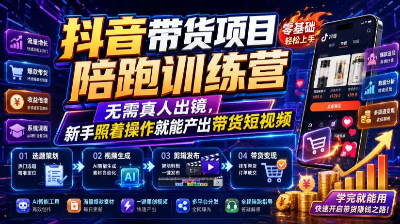 抖音带货项目陪跑训练营，无需真人出镜，新手照着操作就能产出带货短视频(更新0811)-一起筹课网