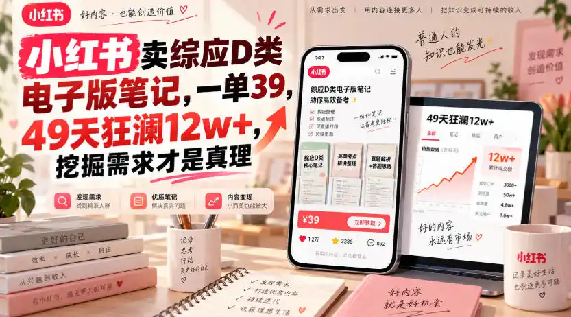 小红书卖综应D类电子版笔记，一单39，49天狂澜12w+，挖掘需求才是真理-一起筹课网