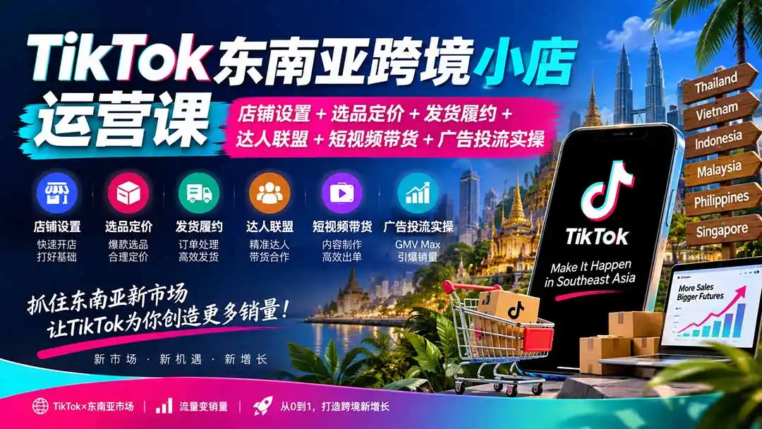 TikTok东南亚跨境小店运营课：店铺设置+选品定价+发货履约+达人联盟+短视频带货+广告投流实操-一起筹课网