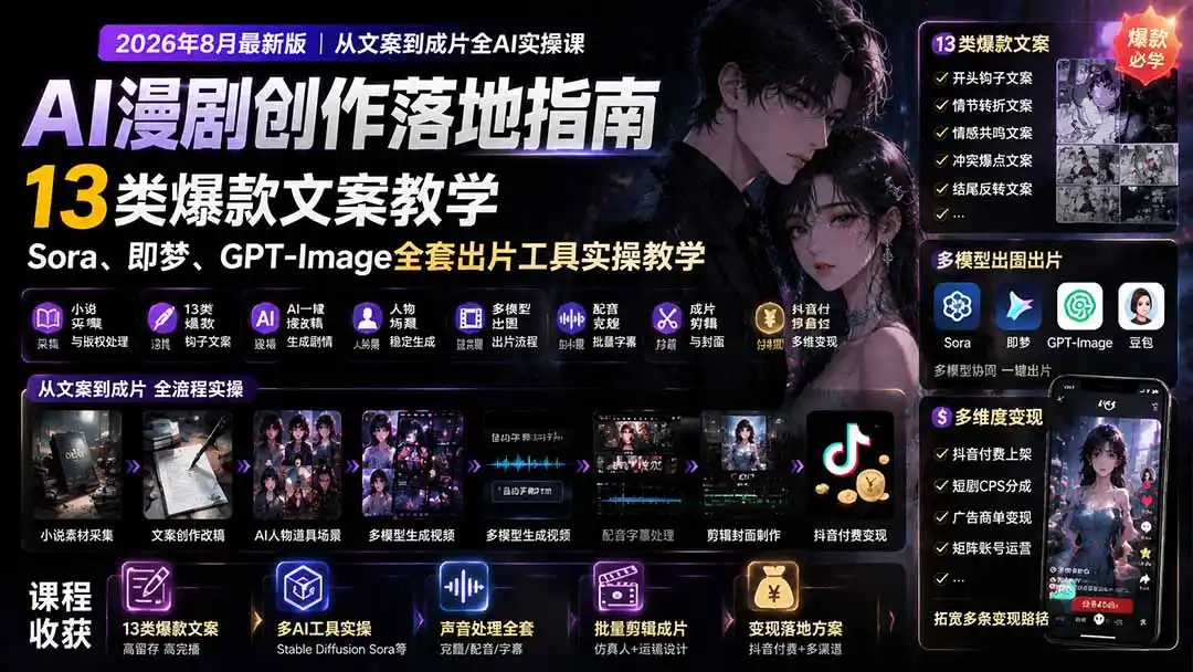 AI漫剧创作落地指南｜13类爆款文案教学，Sora、即梦、GPT-Image全套出片工具实操教学-一起筹课网
