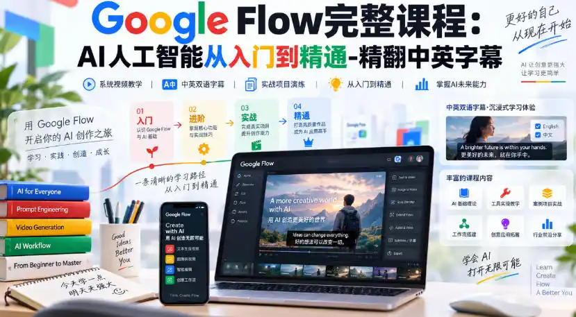 【无水印】Google Flow完整课程：AI人工智能从入门到精通-精翻中英字幕-一起筹课网