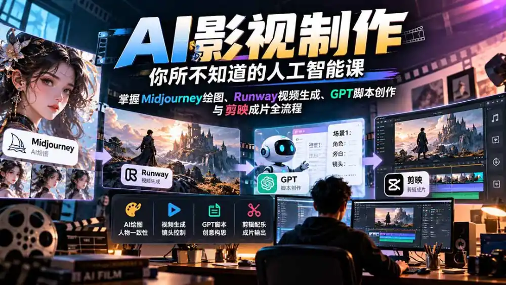 【无水印】AI影视制作-你所不知道的人工智能课，掌握Midjourney绘图、Runway视频生成、GPT脚本创作与剪映成片全流程-一起筹课网