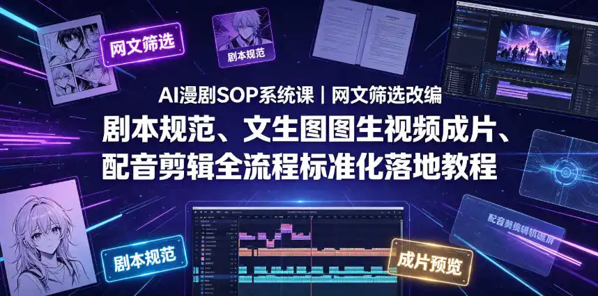 AI漫剧SOP系统课｜网文筛选改编、剧本规范、文生图图生视频成片、配音剪辑全流程标准化落地教程(更新0810)-一起筹课网
