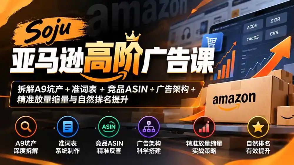 Soju亚马逊高阶广告课：拆解A9坑产+准词表+竞品ASIN+广告架构+精准放量缩量与自然排名提升-一起筹课网