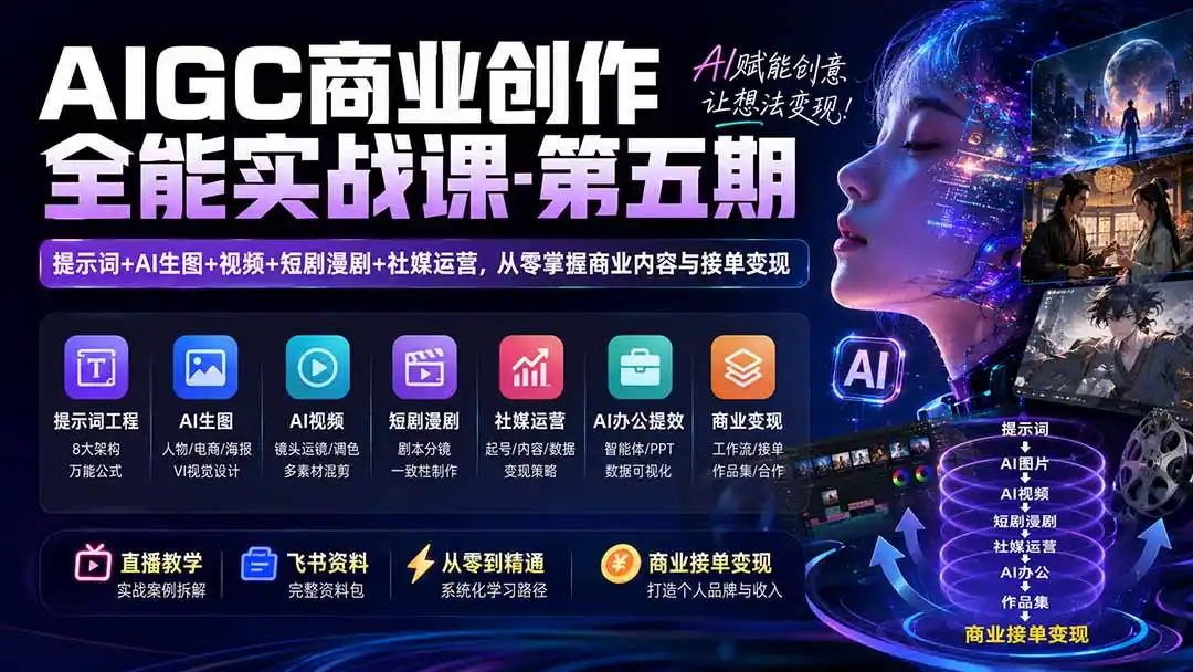 AIGC商业创作全能实战课-第五期：提示词+AI生图+视频+短剧漫剧+社媒运营，从零掌握商业内容与接单变现-一起筹课网