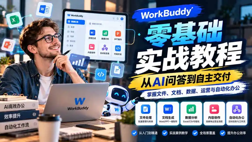 WorkBuddy零基础实战教程：从AI问答到自主交付，掌握文件、文档、数据、运营与自动化办公-一起筹课网