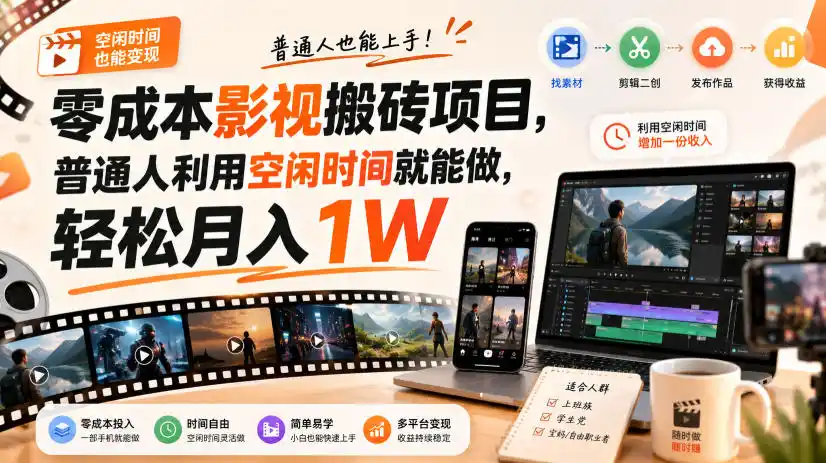 零门槛影视搬砖项目，月入万元，玩法稳定普通人可落地的长期副业！-一起筹课网