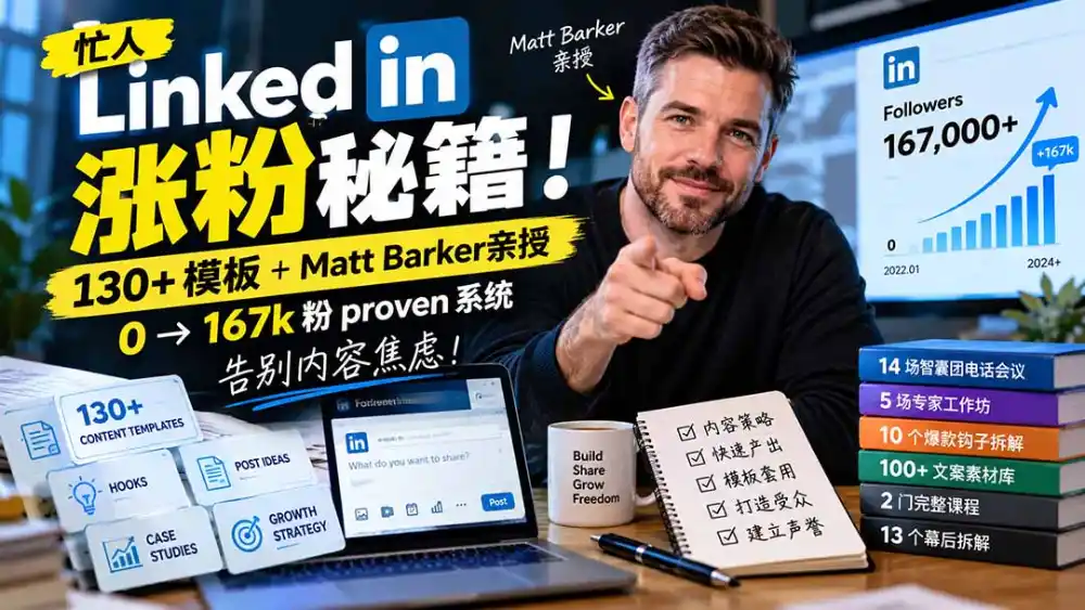 【无水印】忙人LinkedI 涨粉秘籍！130+模板+Matt Barker亲授：0→167k粉proven系统，告别内容焦虑【原创双语字幕】-一起筹课网