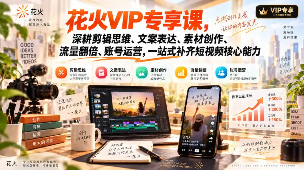 花火VIP专享课，深耕剪辑思维、文案表达、素材创作、流量翻倍、账号运营，一站式补齐短视频核心能力-一起筹课网