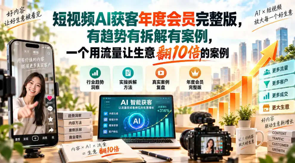 短视频AI获客年度会员完整版，有趋势有拆解有案例，一个用流量让生意翻10倍的案例-一起筹课网