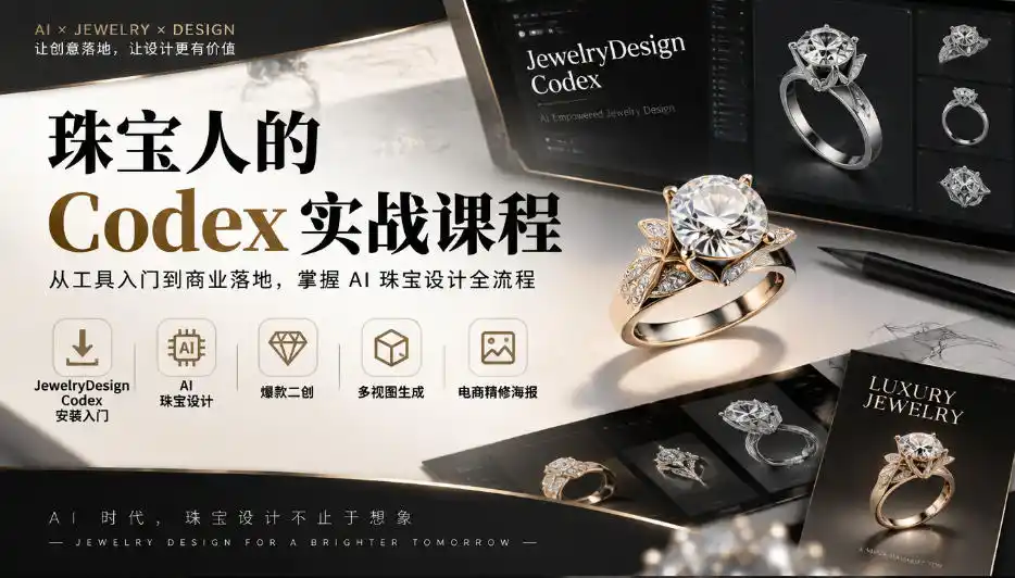 珠宝人的Codex实战课程｜JewelryDesign Codex安装入门、AI珠宝设计、爆款二创、多视图生成、电商精修海报全链路教学-一起筹课网