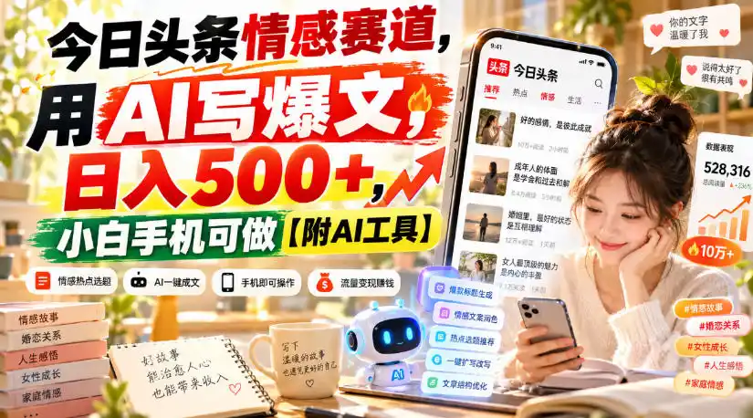 今日头条情感赛道，用AI写爆文，日入500+，小白手机可做【附AI工具】-一起筹课网