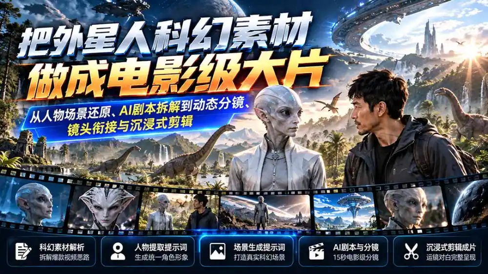 把外星人科幻素材做成电影级大片：从人物场景还原、AI剧本拆解到动态分镜、镜头衔接与沉浸式剪辑-一起筹课网