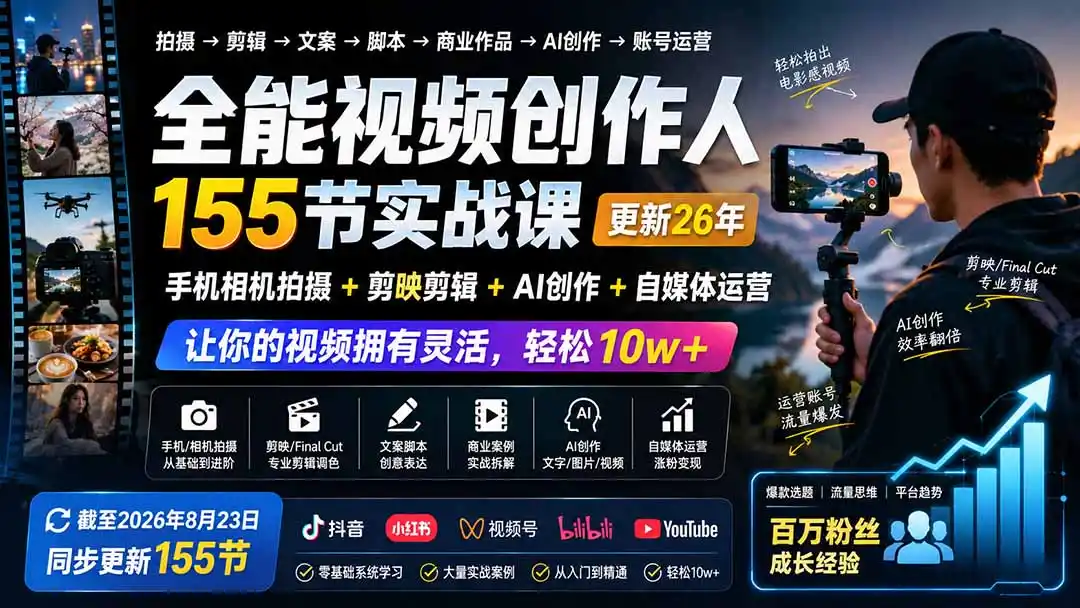 全能视频创作人155节实战课-更新26年8月：手机相机拍摄+剪映剪辑+AI创作+自媒体运营，让你的视频拥有灵活，轻松10w-一起筹课网