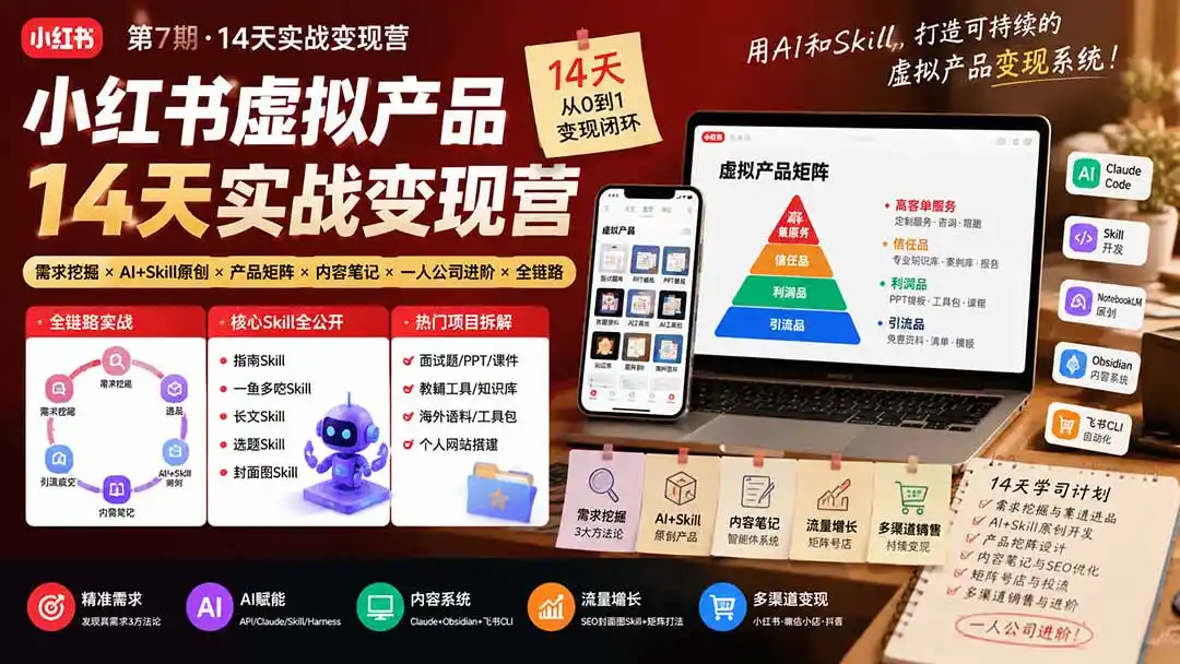 小红书虚拟产品14天实战变现营-第7期：需求挖掘×AI+Skill原创×产品矩阵×内容笔记×一人公司进阶×全链路-一起筹课网