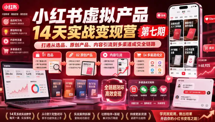 小红书虚拟产品14天实战变现营第七期，打通从选品、原创产品、内容引流到多渠道成交全链路-一起筹课网