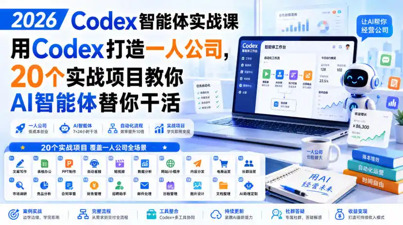 2026 Codex智能体实战课，用Codex打造一人公司，20个实战项目教你AI智能体替你干活-一起筹课网