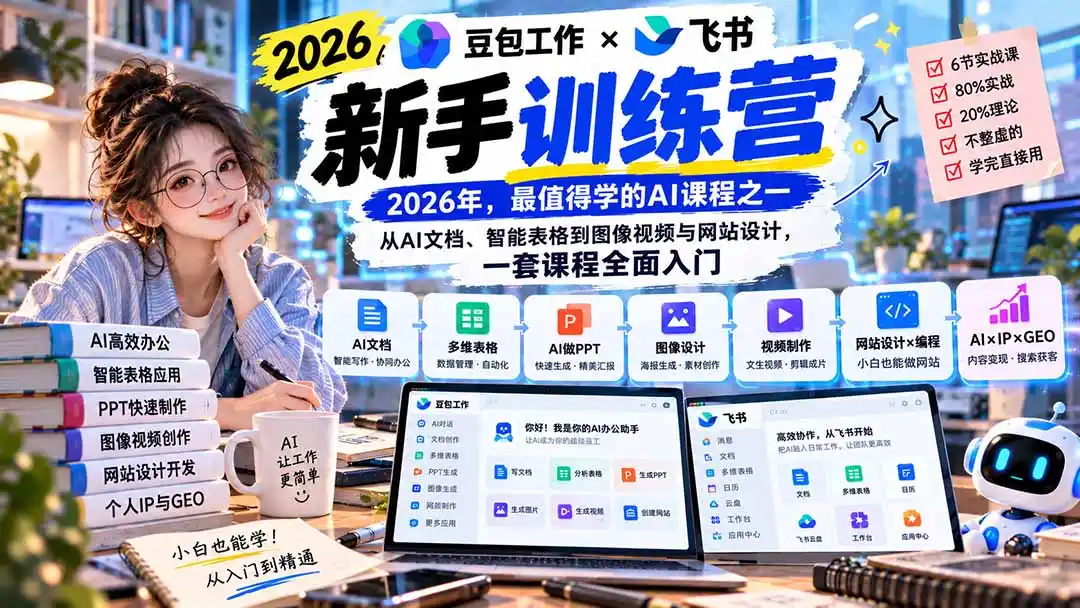 2026豆包工作+飞书新手训练营-9月新课：从AI文档、智能表格到图像视频与网站设计，一套课程全面入门-一起筹课网