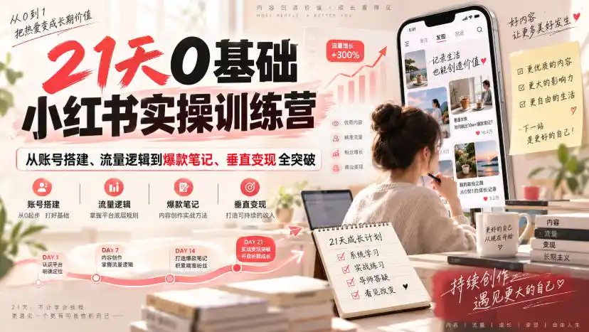 21天0基础小红书实操训练营｜从账号搭建、流量逻辑到爆款笔记、垂直变现全突破-一起筹课网