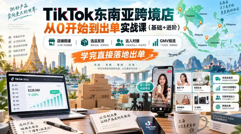 TikTok东南亚跨境店从0开始到出单实战课(基础+进阶)，店铺搭建、选品发货、达人对接、GMV投流，学完直接落地出单-一起筹课网