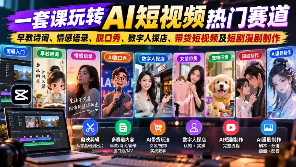 一套课玩转AI短视频热门赛道：早教诗词、情感语录、脱口秀、数字人探店、带货短视频及短剧漫剧制作 复制标题-一起筹课网