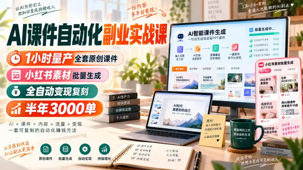 AI课件自动化副业实战课，1小时量产全套原创课件，小红书素材批量生成，全自动变现复刻，半年3000单-一起筹课网