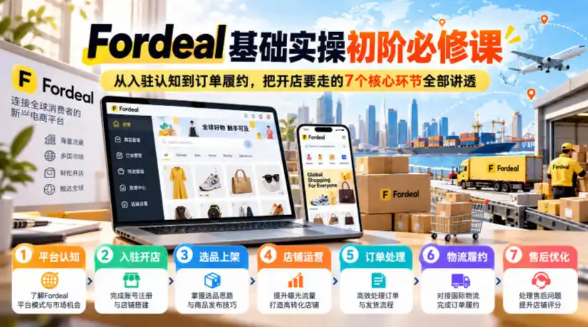 Fordeal基础实操初阶必修课，从入驻认知到订单履约，把开店要走的7个核心环节全部讲透-一起筹课网