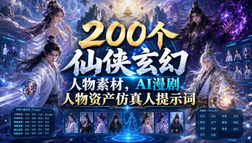 200个仙侠玄幻人物素材，AI漫剧人物资产仿真人提示词-一起筹课网