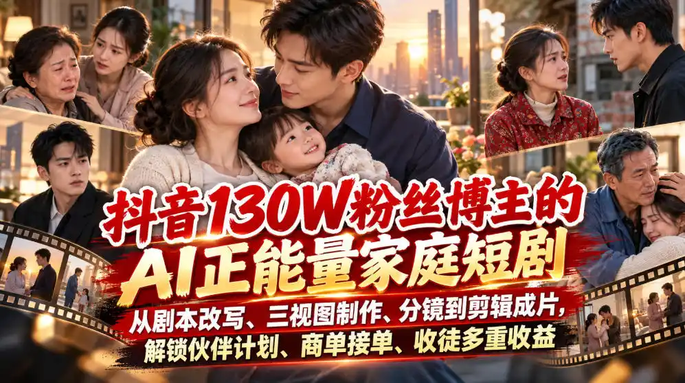 抖音130W粉丝博主的AI正能量家庭短剧，从剧本改写、三视图制作、分镜到剪辑成片，解锁伙伴计划、商单接单、收徒多重收益(更新1007)-一起筹课网