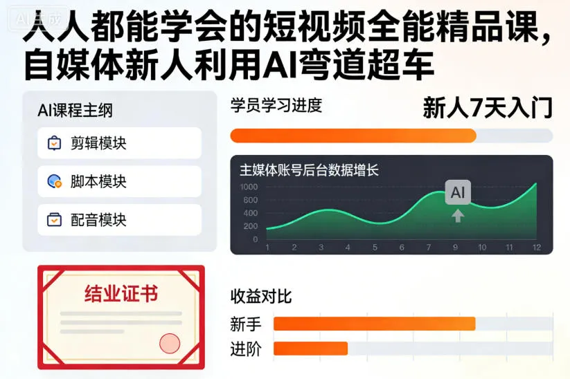 人人都能学会的短视频全能精品课，自媒体新人利用AI弯道超车-一起筹课网