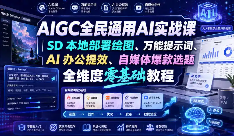 AIGC全民通用AI实战课｜SD本地部署绘图、万能提示词、AI办公提效、自媒体爆款选题全维度零基础教程-一起筹课网