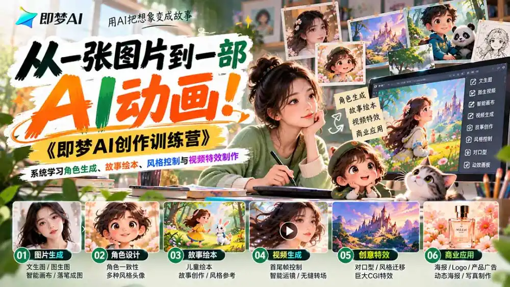 【无水印】从一张图片到一部AI动画！《即梦AI创作训练营》系统学习角色生成、故事绘本、风格控制与视频特效制作-一起筹课网