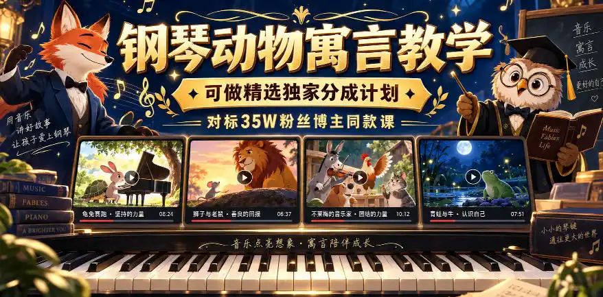 钢琴动物寓言教学，可做精选独家分成计划，对标35W粉丝博主同款课-一起筹课网