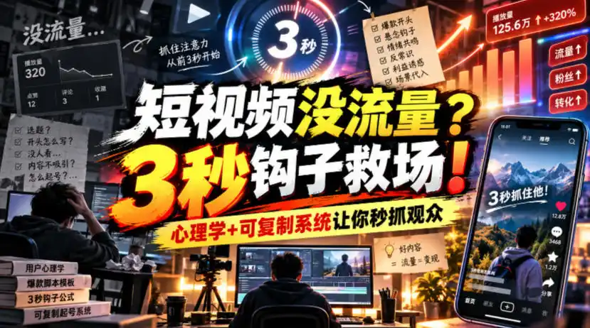 【无水印】短视频没流量？3秒钩子救场！心理学+可复制系统让你秒抓观众【原创双语字幕】-一起筹课网