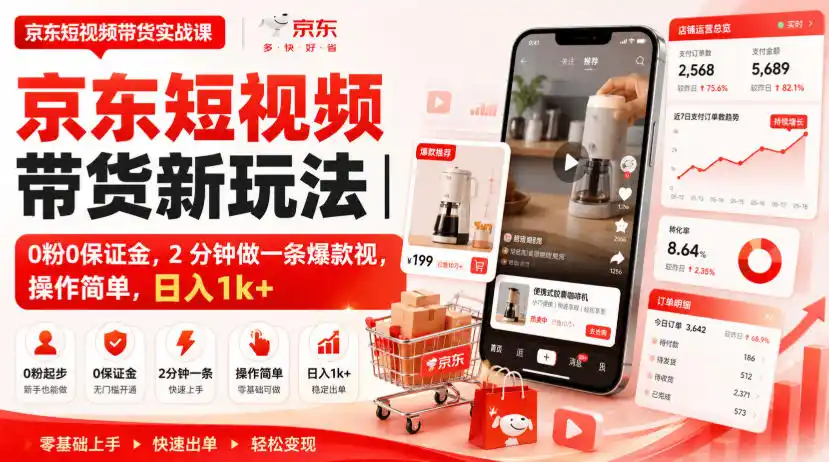 京东短视频带货新玩法｜0粉0保证金，2分钟做一条爆款视，操作简单，日入1k+【揭秘】-一起筹课网