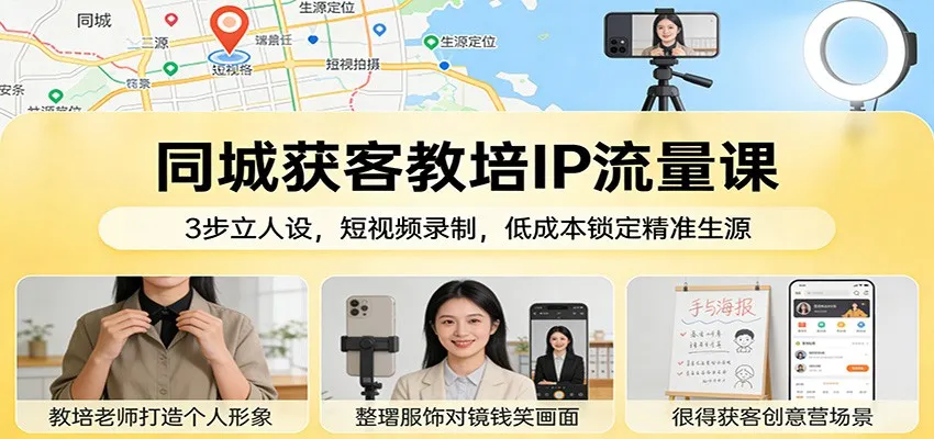 同城获客教培IP流量课：3步立人设，短视频录制，低成本锁定精准生源-一起筹课网