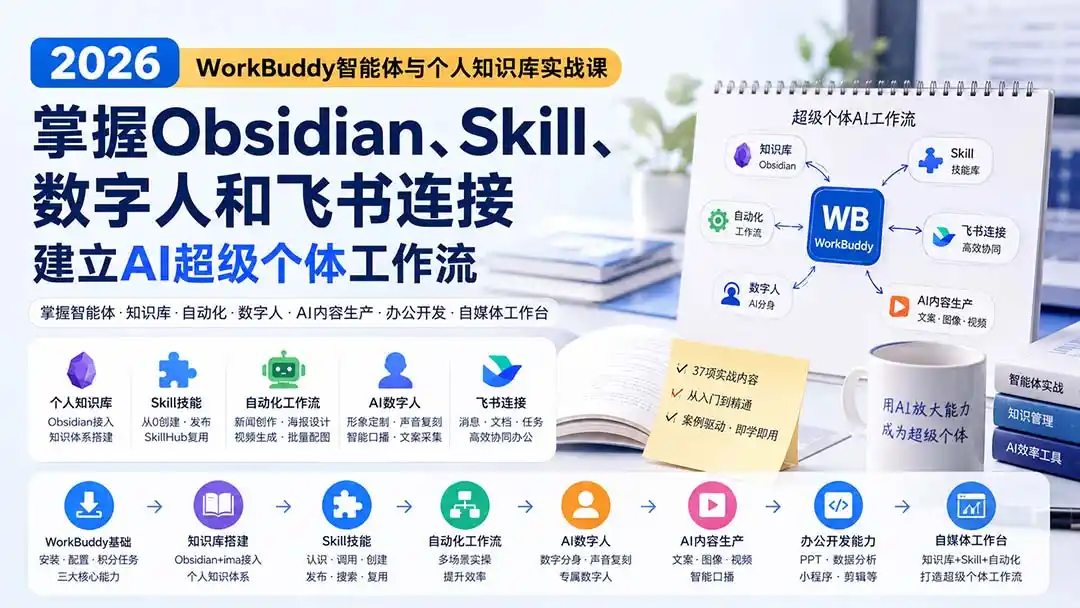 2026 WorkBuddy智能体与个人知识库实战课：掌握Obsidian、Skill、数字人和飞书连接，建立AI超级个体工作流-一起筹课网