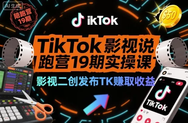 TikTok影视解说陪跑营19期实操课，影视二创发布TK賺取收益，万播收益50美金(更新)-一起筹课网