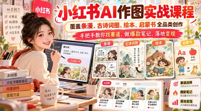 小红书AI作图实战课程，覆盖条漫、古诗词图、绘本、启蒙书全品类创作，手把手教你找赛道、做爆款笔记、落地变现(更新1009)-一起筹课网
