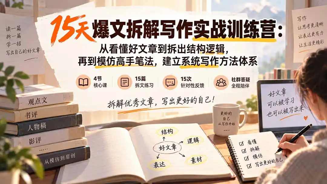 15天爆文拆解写作实战训练营：从看懂好文章到拆出结构逻辑，再到模仿高手笔法，建立系统写作方法体系-一起筹课网