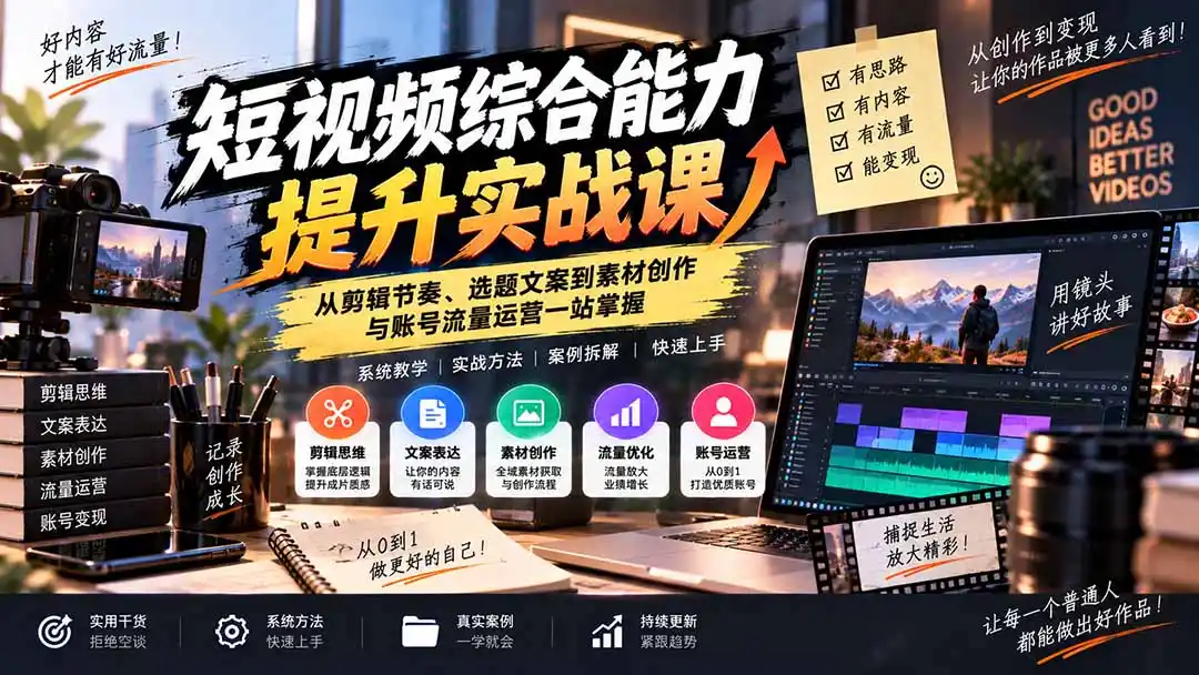 短视频综合能力提升实战课：从剪辑节奏、选题文案到素材创作与账号流量运营一站掌握-一起筹课网