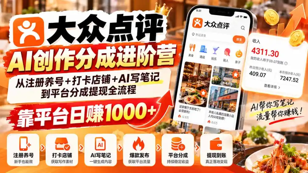 大众点评AI创作分成进阶营：从注册养号+打卡店铺+AI写笔记到平台分成提现全流程，靠平台日赚1000+-一起筹课网