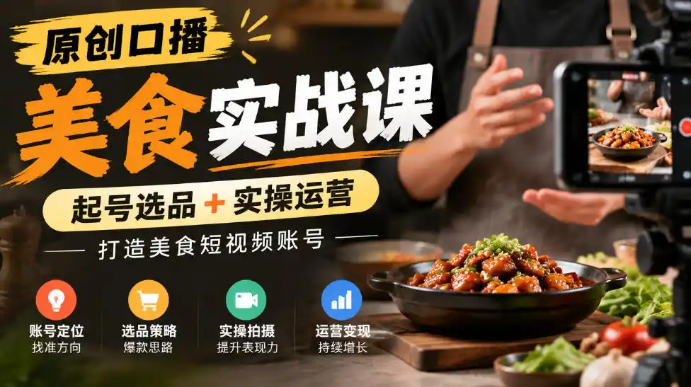 原创口播美食实战课，起号选品+实操运营，打造美食短视频账号-一起筹课网