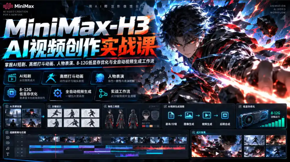 MiniMax-H3 AI视频创作实战课，掌握AI短剧、高燃打斗动画、人物表演、8-12G低显存优化与全自动视频生成工作流-一起筹课网