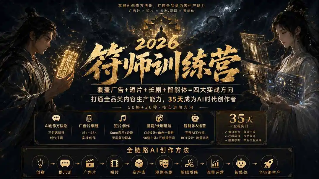 符师训练营-35天成为AI时代创作者，广告+短片+漫剧+智能体四大实战方向，掌握从创意到上线的完整工作流-一起筹课网