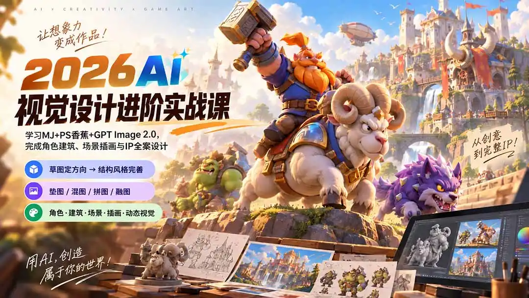 2026AI视觉设计进阶实战课-更新：学习MJ+PS香蕉+GPT Image 2.0，完成角色建筑、场景插画与IP全案设计-一起筹课网